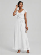 Romantic White Chiffon A-Line V-Neck Back Zip with Ruffle Ankle-Length Bridesmaid Dress - Curvevia