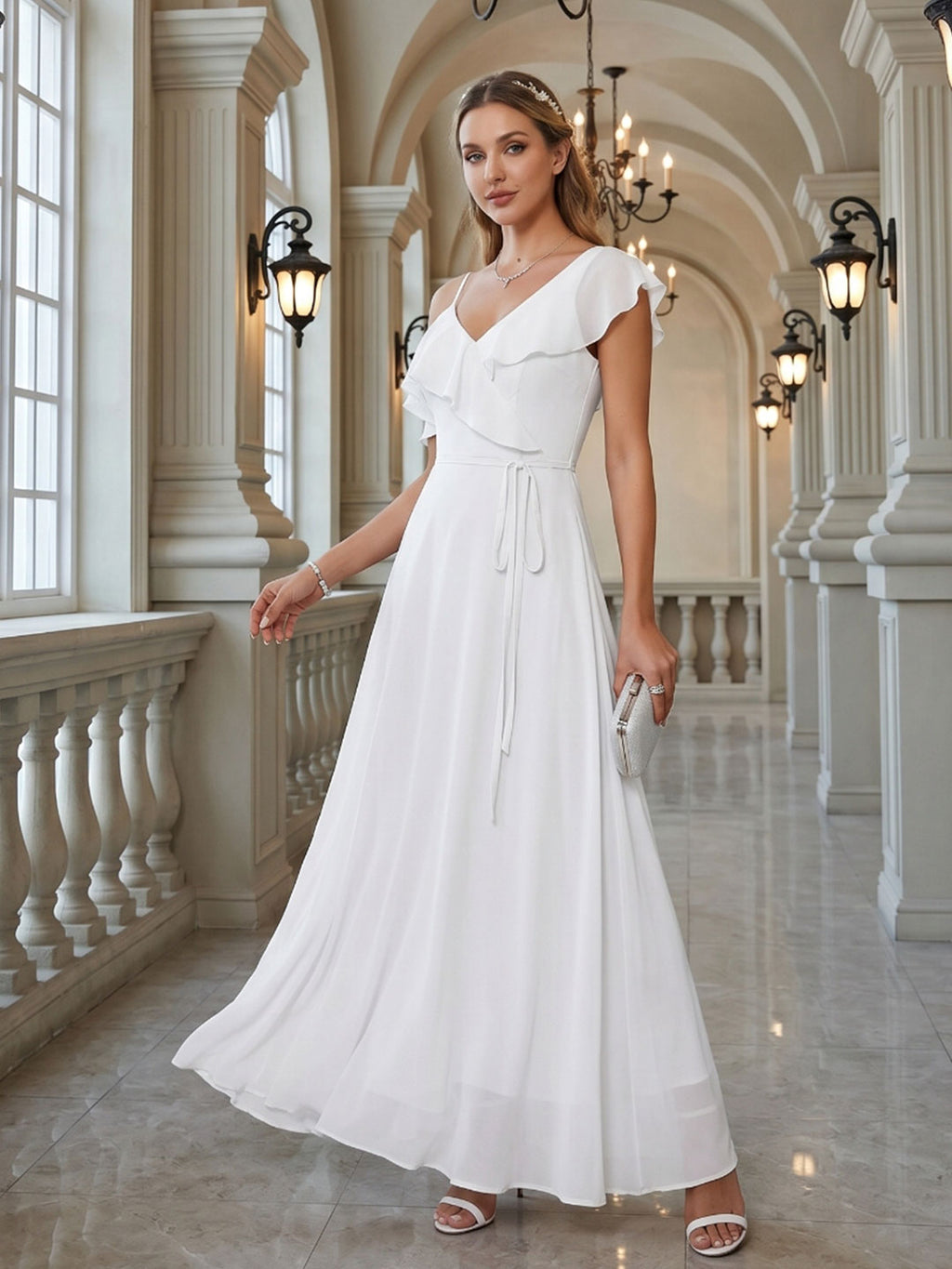 Romantic White Chiffon A-Line V-Neck Back Zip with Ruffle Ankle-Length Bridesmaid Dress - Curvevia