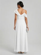 Romantic White Chiffon A-Line V-Neck Back Zip with Ruffle Ankle-Length Bridesmaid Dress - Curvevia