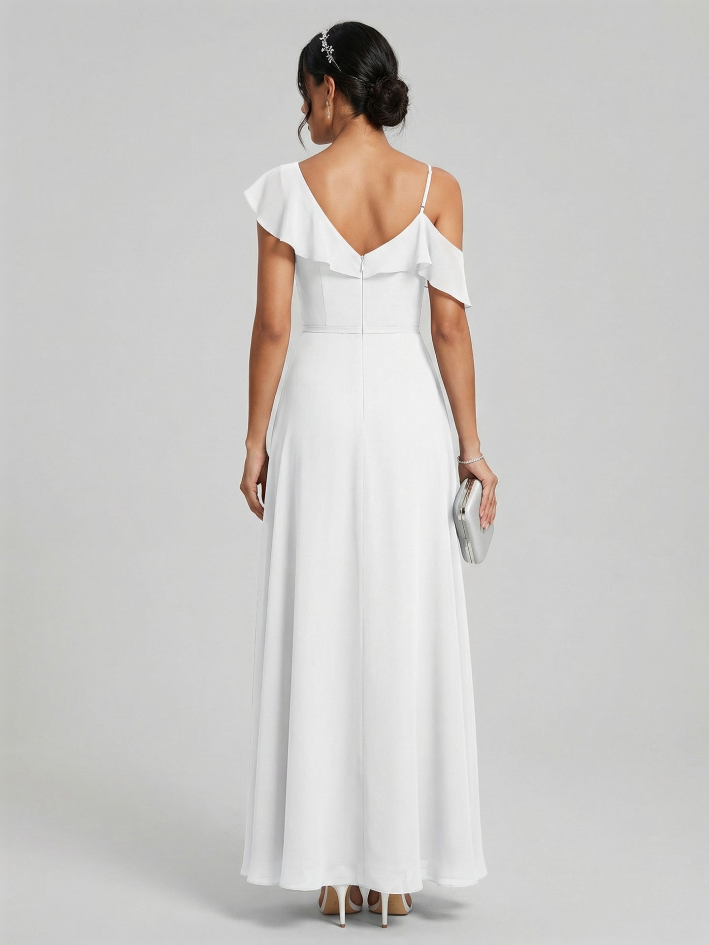 Romantic White Chiffon A-Line V-Neck Back Zip with Ruffle Ankle-Length Bridesmaid Dress - Curvevia