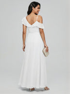 Romantic White Chiffon A-Line V-Neck Back Zip with Ruffle Ankle-Length Bridesmaid Dress - Curvevia