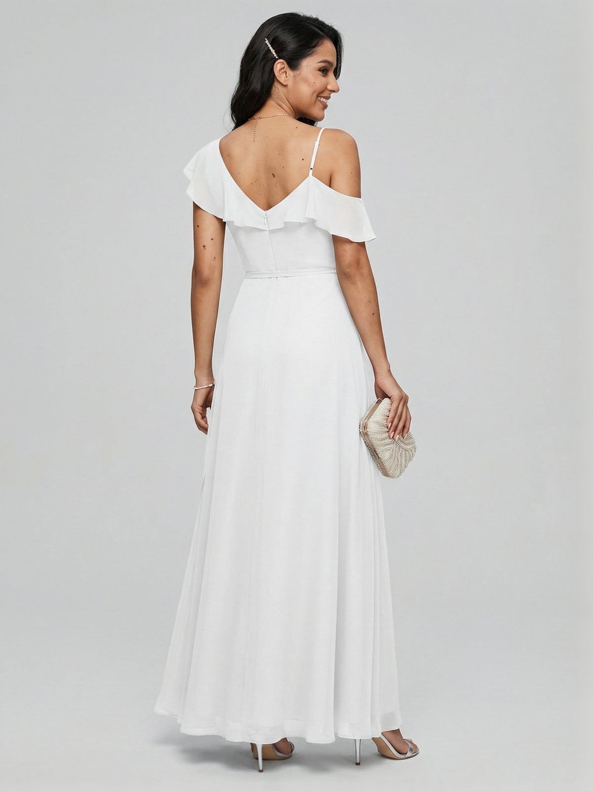 Romantic White Chiffon A-Line V-Neck Back Zip with Ruffle Ankle-Length Bridesmaid Dress - Curvevia