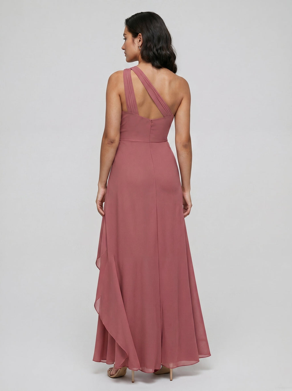Coquette Rose Gold Chiffon A-Line One Shoulder Side Zip with Ruffle Ankle-Length Bridesmaid Dress - Curvevia