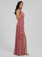 Coquette Rose Gold Chiffon A-Line One Shoulder Side Zip with Ruffle Ankle-Length Bridesmaid Dress - Curvevia