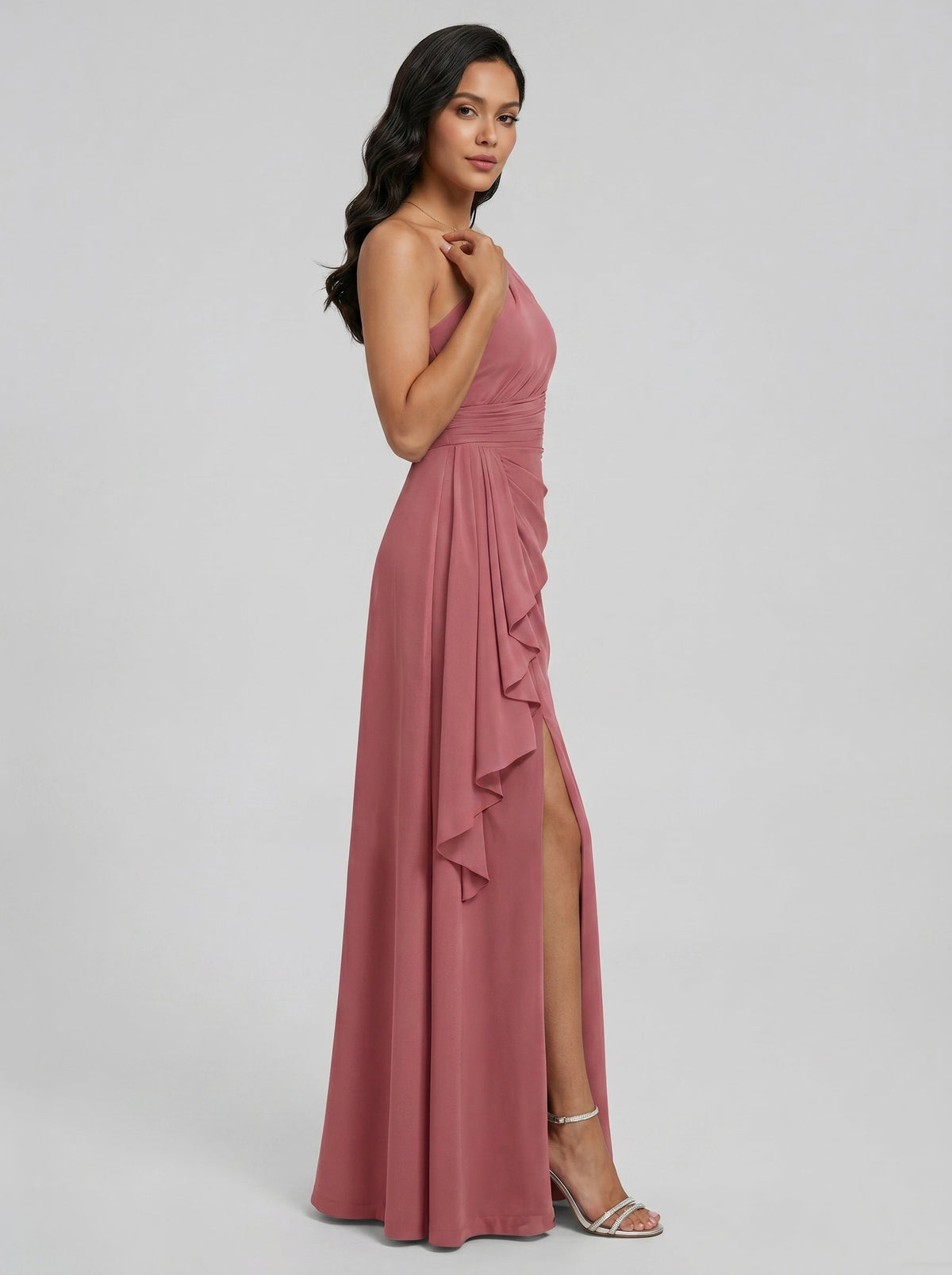 Coquette Rose Gold Chiffon A-Line One Shoulder Side Zip with Ruffle Ankle-Length Bridesmaid Dress - Curvevia