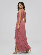 Coquette Rose Gold Chiffon A-Line One Shoulder Side Zip with Ruffle Ankle-Length Bridesmaid Dress - Curvevia