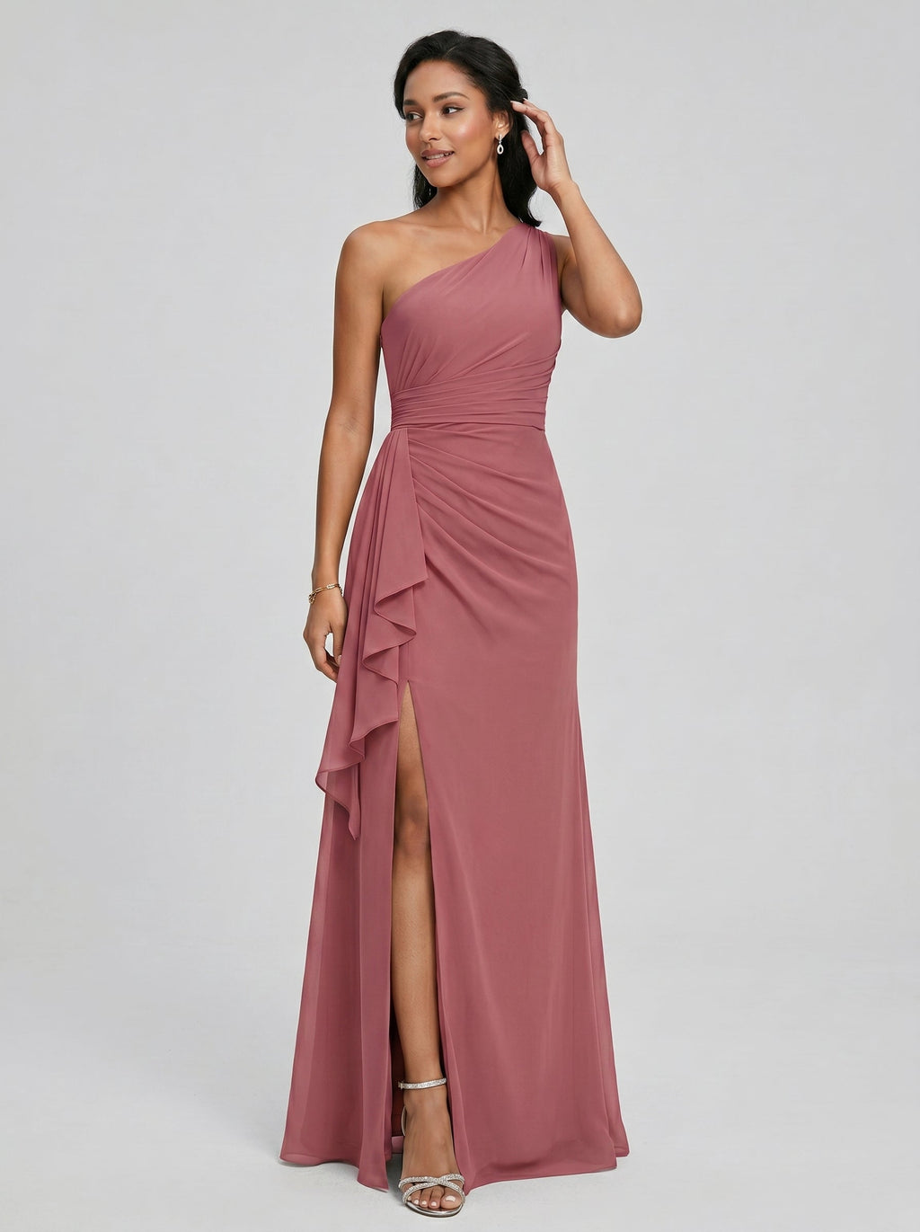 Coquette Rose Gold Chiffon A-Line One Shoulder Side Zip with Ruffle Ankle-Length Bridesmaid Dress - Curvevia