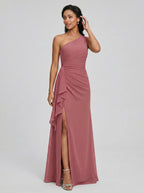 Coquette Rose Gold Chiffon A-Line One Shoulder Side Zip with Ruffle Ankle-Length Bridesmaid Dress - Curvevia