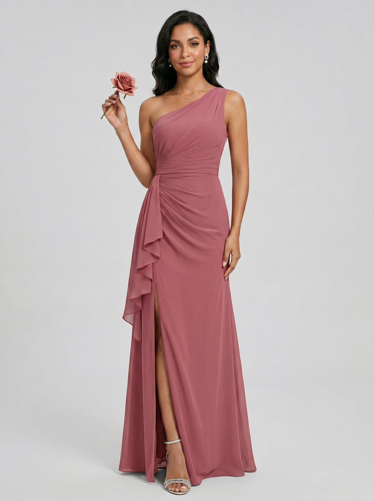Coquette Rose Gold Chiffon A-Line One Shoulder Side Zip with Ruffle Ankle-Length Bridesmaid Dress - Curvevia