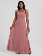 Coquette Rose Gold Chiffon A-Line Straight Neck Bow with nan Ankle-Length Bridesmaid Dress - Curvevia