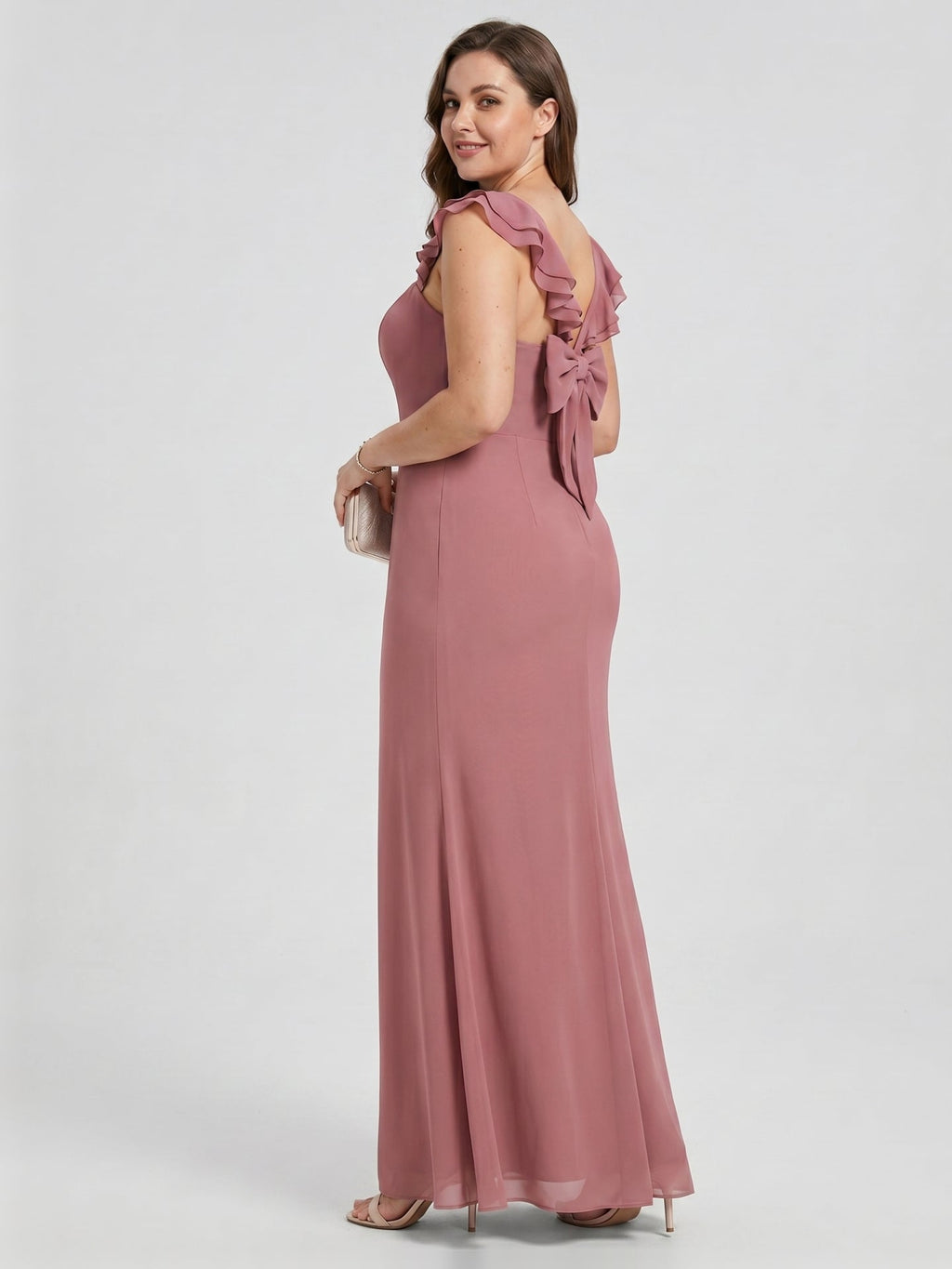 Coquette Rose Gold Chiffon A-Line Straight Neck Bow with nan Ankle-Length Bridesmaid Dress - Curvevia