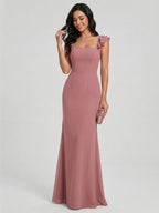 Coquette Rose Gold Chiffon A-Line Straight Neck Bow with nan Ankle-Length Bridesmaid Dress - Curvevia