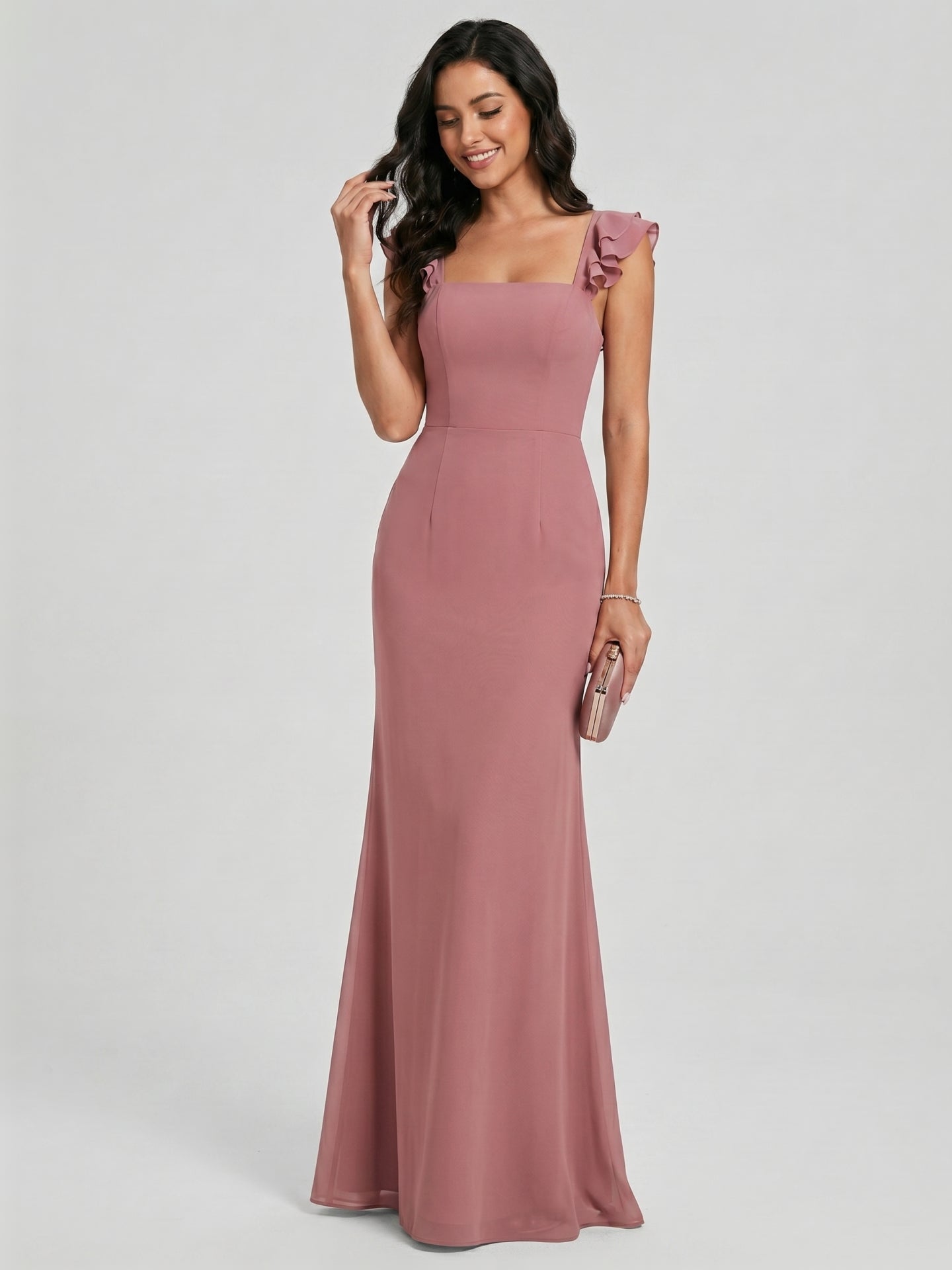 Coquette Rose Gold Chiffon A-Line Straight Neck Bow with nan Ankle-Length Bridesmaid Dress - Curvevia
