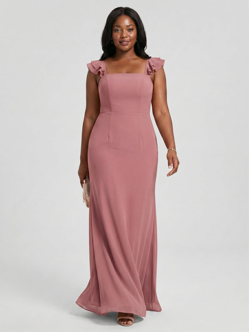 Coquette Rose Gold Chiffon A-Line Straight Neck Bow with nan Ankle-Length Bridesmaid Dress - Curvevia