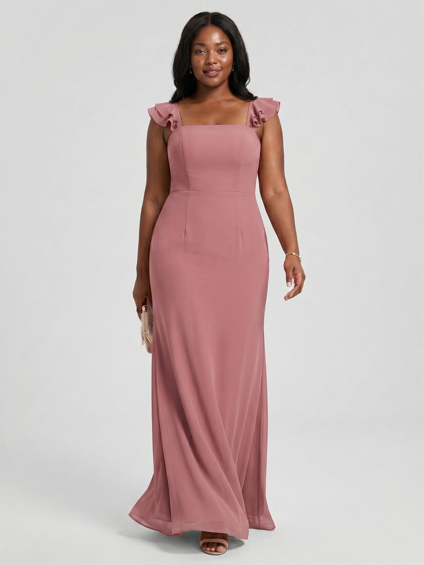 Coquette Rose Gold Chiffon A-Line Straight Neck Bow with nan Ankle-Length Bridesmaid Dress - Curvevia