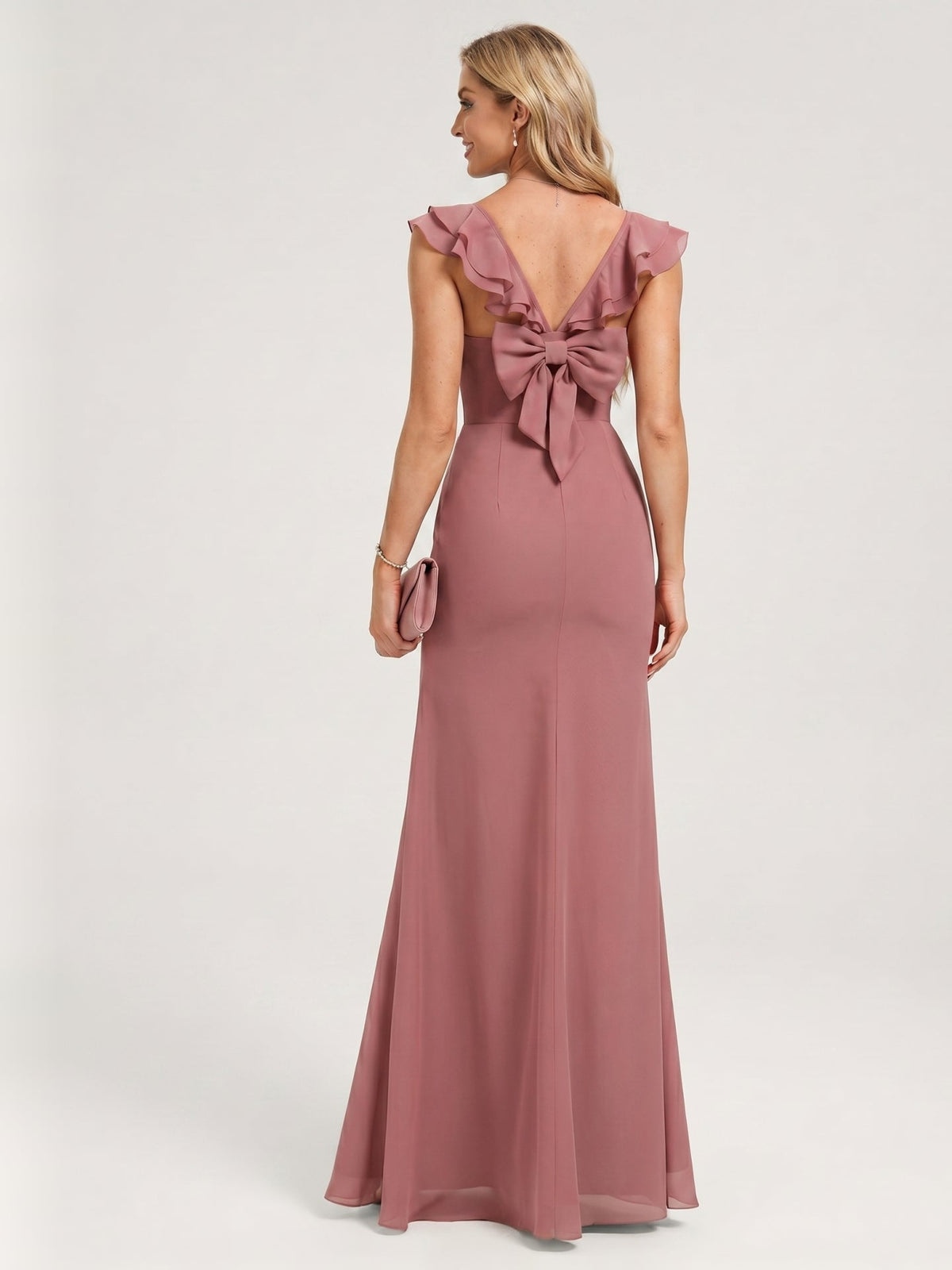 Coquette Rose Gold Chiffon A-Line Straight Neck Bow with nan Ankle-Length Bridesmaid Dress - Curvevia