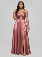 Sexy Rose Gold Satin A-Line V-Neck Back Zip with Beaded Details Ankle-Length Plus Size Bridesmaid Dress - Curvevia