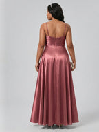 Sexy Rose Gold Satin A-Line V-Neck Back Zip with Beaded Details Ankle-Length Plus Size Bridesmaid Dress - Curvevia