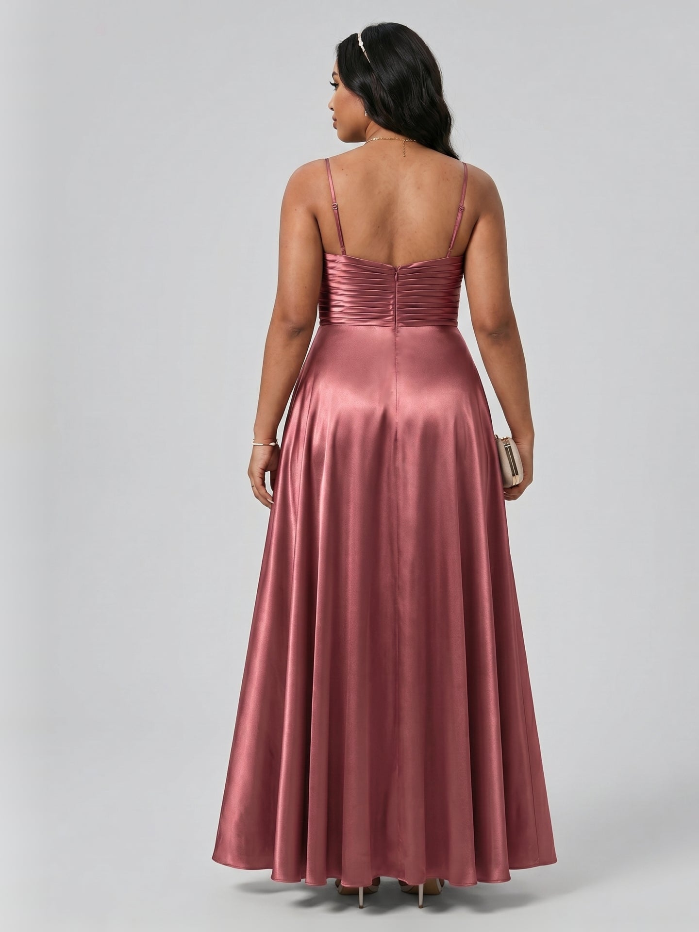 Sexy Rose Gold Satin A-Line V-Neck Back Zip with Beaded Details Ankle-Length Plus Size Bridesmaid Dress - Curvevia