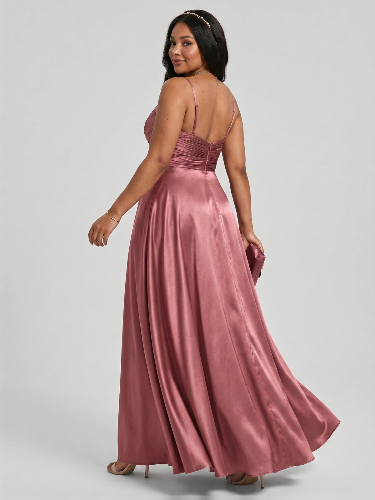 Sexy Rose Gold Satin A-Line V-Neck Back Zip with Beaded Details Ankle-Length Plus Size Bridesmaid Dress - Curvevia