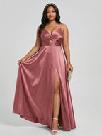 Sexy Rose Gold Satin A-Line V-Neck Back Zip with Beaded Details Ankle-Length Plus Size Bridesmaid Dress - Curvevia