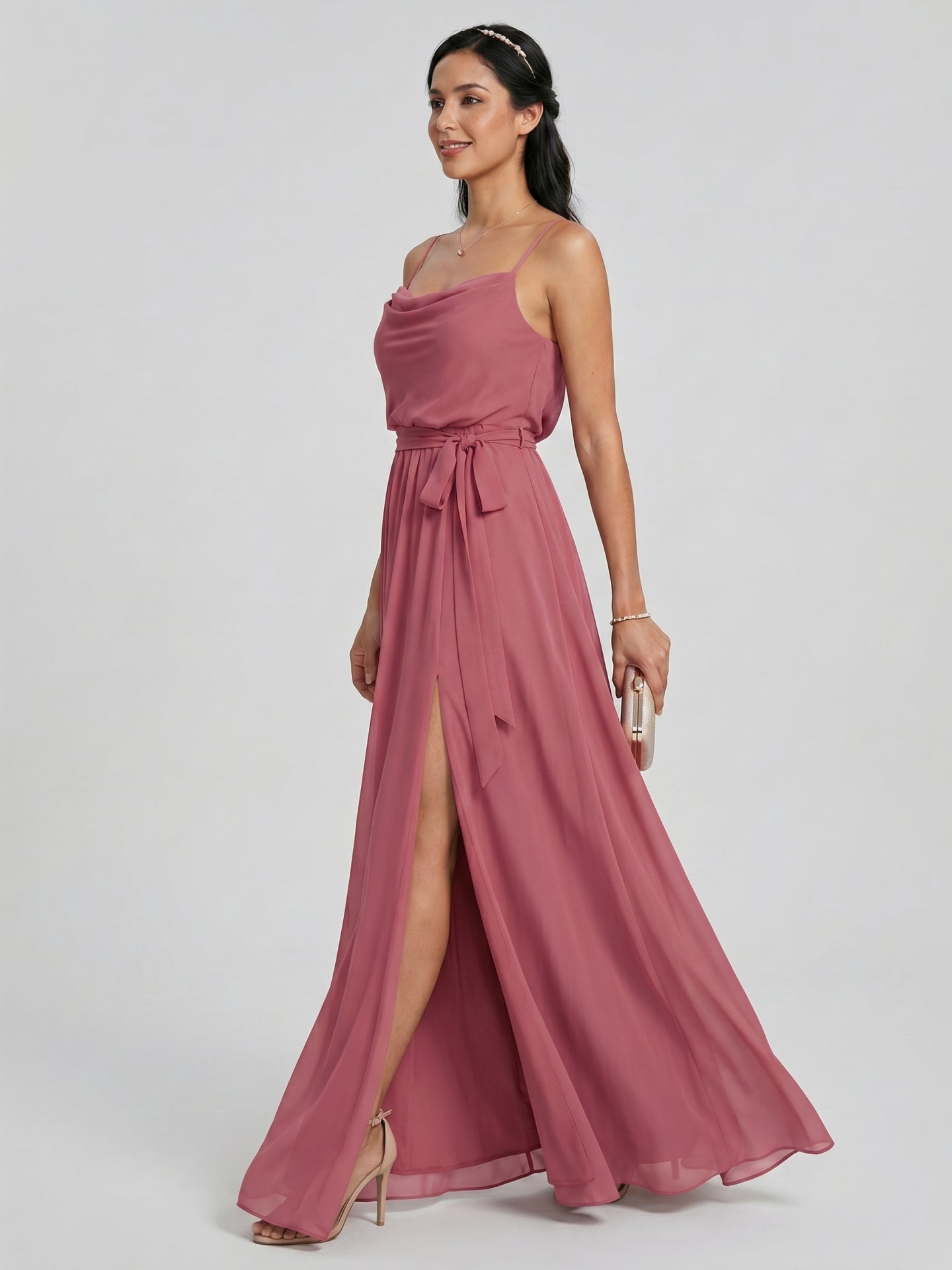 Sweet & Flowy Rose Gold Chiffon A-Line Straight Neck Backless Ankle-Length Bridesmaid Dress - Curvevia