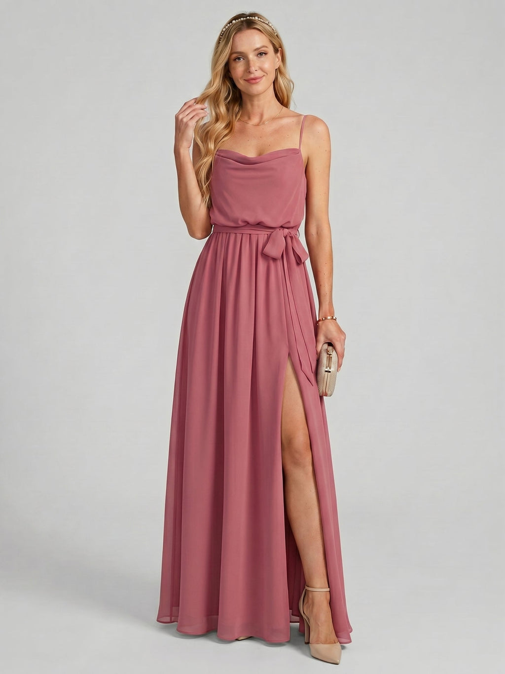 Sweet & Flowy Rose Gold Chiffon A-Line Straight Neck Backless Ankle-Length Bridesmaid Dress - Curvevia
