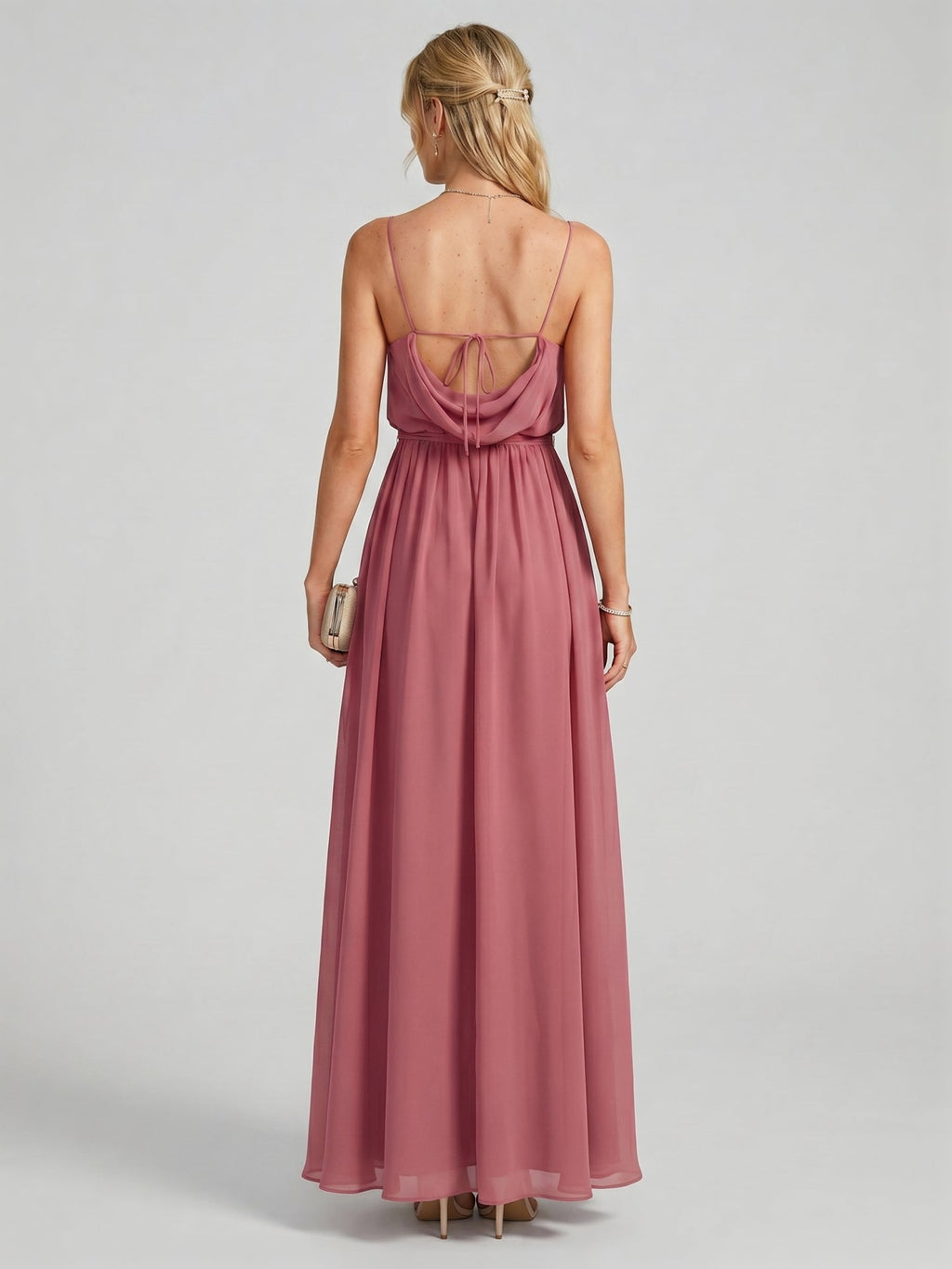 Sweet & Flowy Rose Gold Chiffon A-Line Straight Neck Backless Ankle-Length Bridesmaid Dress - Curvevia