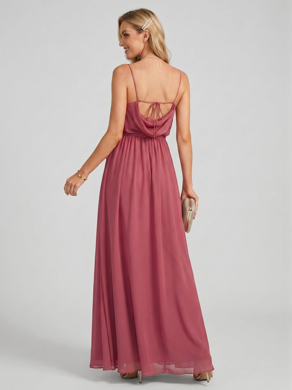 Sweet & Flowy Rose Gold Chiffon A-Line Straight Neck Backless Ankle-Length Bridesmaid Dress - Curvevia
