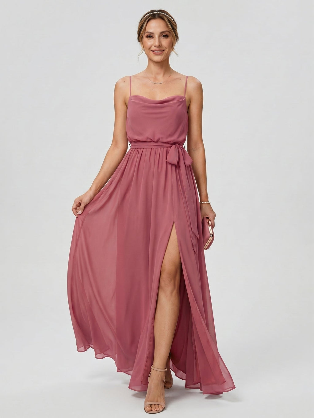 Sweet & Flowy Rose Gold Chiffon A-Line Straight Neck Backless Ankle-Length Bridesmaid Dress - Curvevia