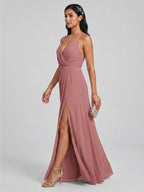 Sweet & Flowy Rose Gold Chiffon A-Line V-Neck Backless Ankle-Length Bridesmaid Dress - Curvevia