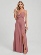 Sweet & Flowy Rose Gold Chiffon A-Line V-Neck Backless Ankle-Length Bridesmaid Dress - Curvevia