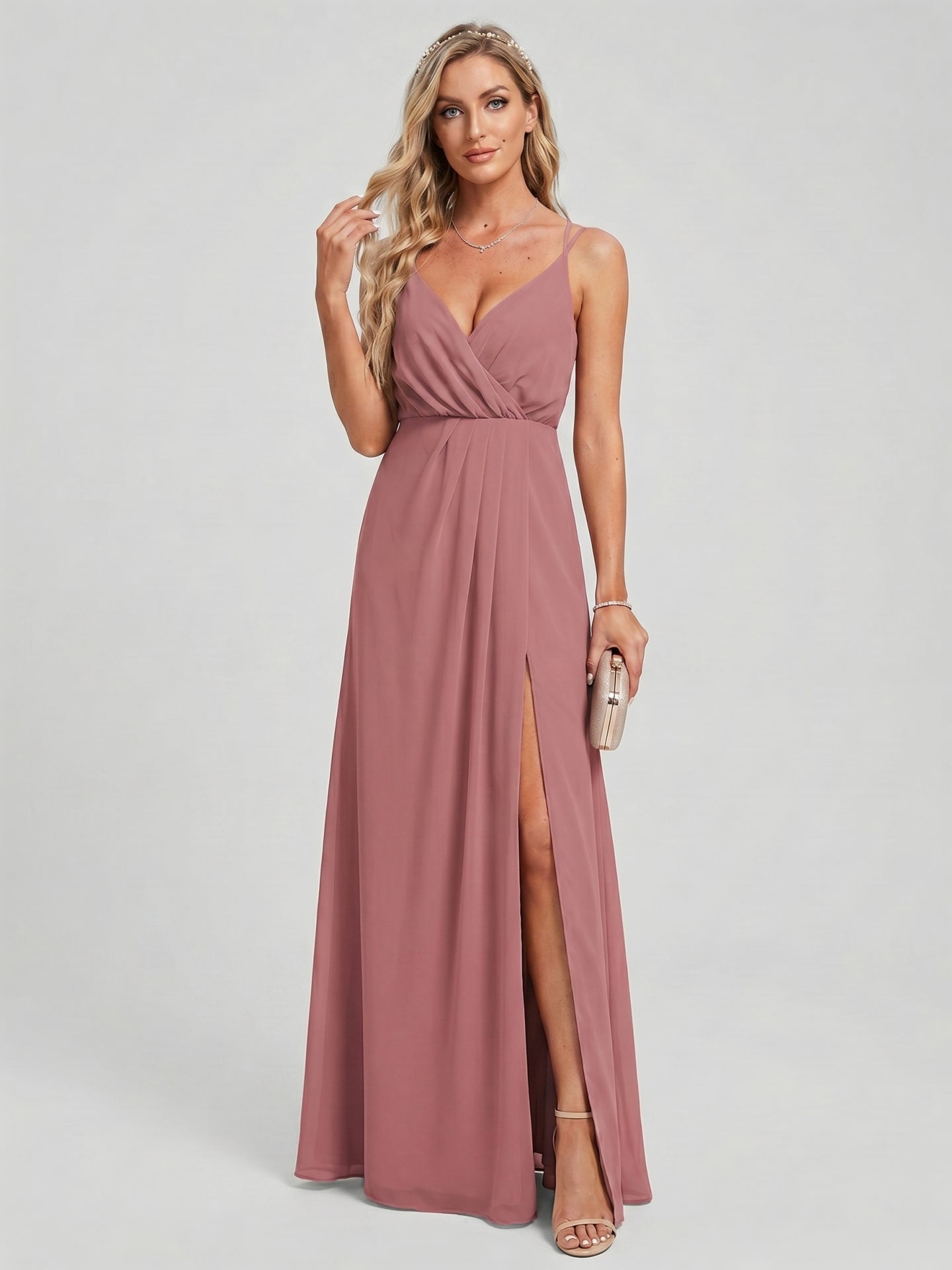 Sweet & Flowy Rose Gold Chiffon A-Line V-Neck Backless Ankle-Length Bridesmaid Dress - Curvevia
