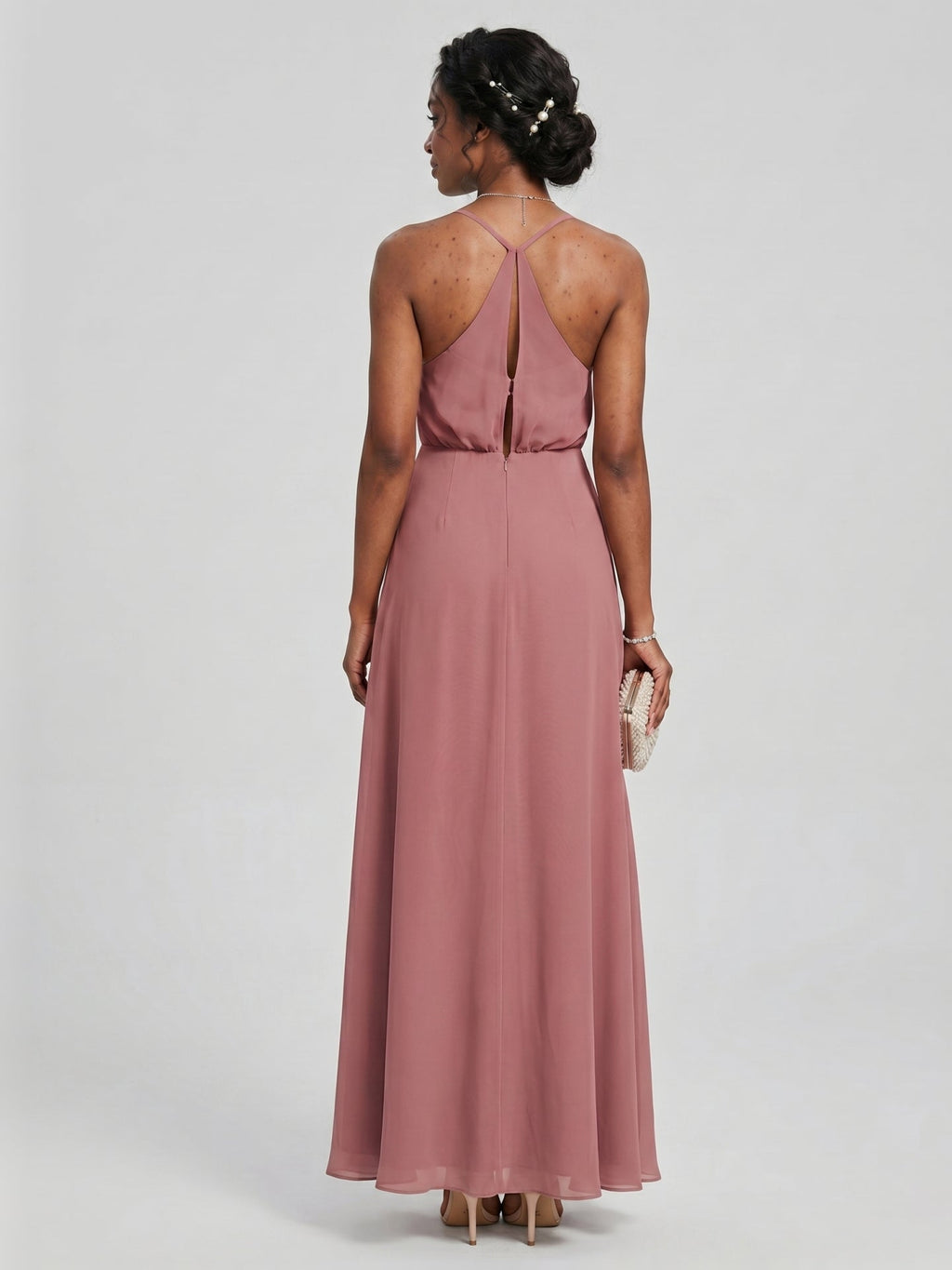 Sweet & Flowy Rose Gold Chiffon A-Line V-Neck Backless Ankle-Length Bridesmaid Dress - Curvevia