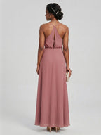 Sweet & Flowy Rose Gold Chiffon A-Line V-Neck Backless Ankle-Length Bridesmaid Dress - Curvevia