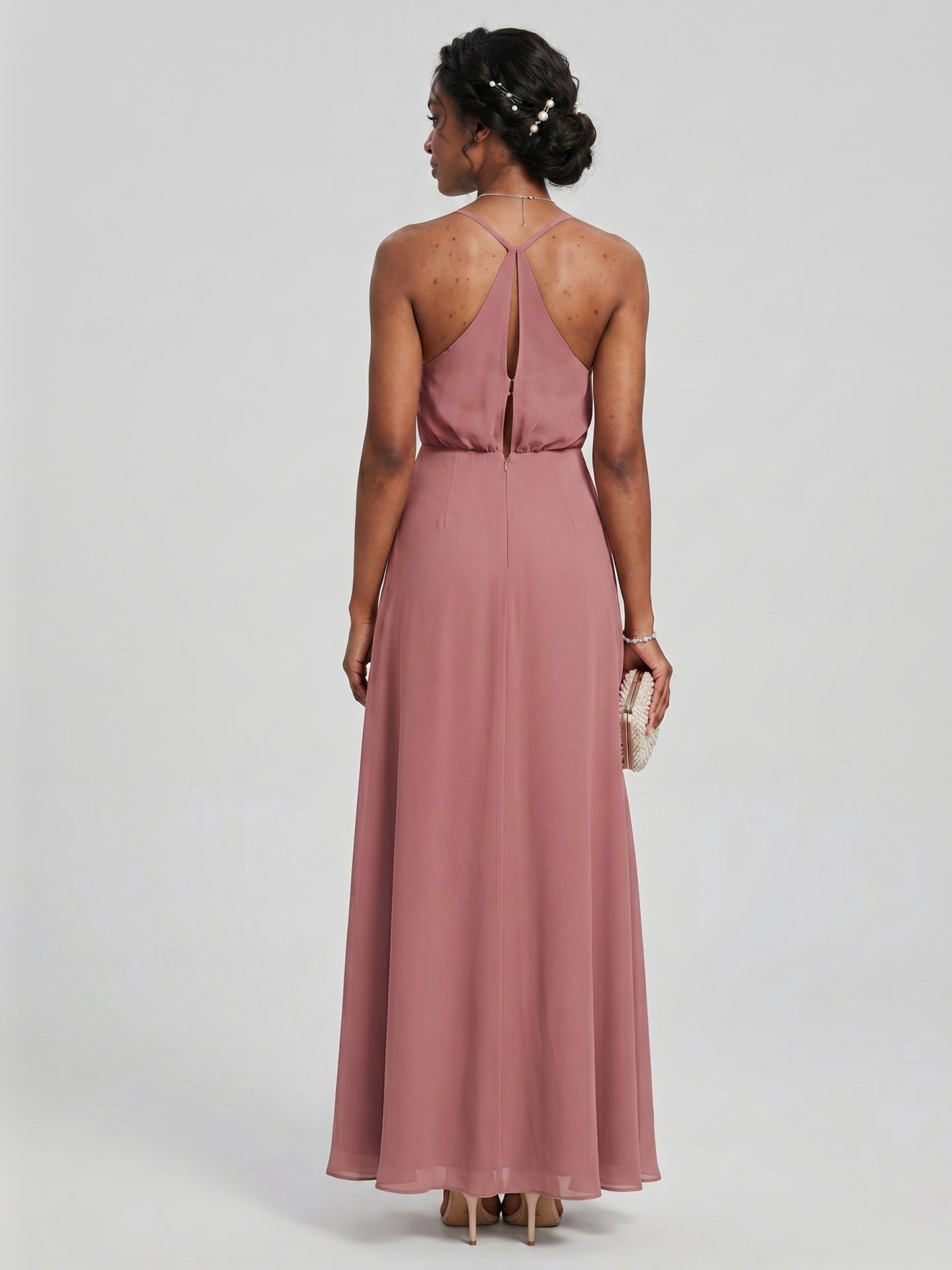 Sweet & Flowy Rose Gold Chiffon A-Line V-Neck Backless Ankle-Length Bridesmaid Dress - Curvevia