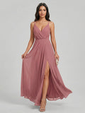 Sweet & Flowy Rose Gold Chiffon A-Line V-Neck Backless Ankle-Length Bridesmaid Dress - Curvevia