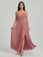 Sweet & Flowy Rose Gold Chiffon A-Line V-Neck Backless Ankle-Length Bridesmaid Dress - Curvevia