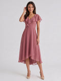 Rose Gold Chiffon A-Line V-Neck V-Back Asymmetrical Bridesmaid Dress with Ruffles - Curvevia