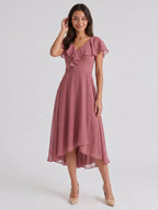 Rose Gold Chiffon A-Line V-Neck V-Back Asymmetrical Bridesmaid Dress with Ruffles - Curvevia