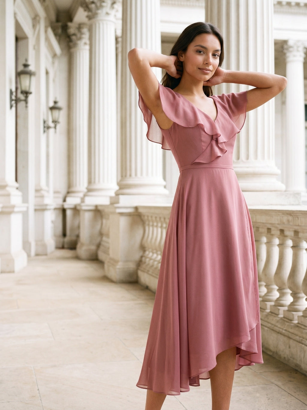 Rose Gold Chiffon A-Line V-Neck V-Back Asymmetrical Bridesmaid Dress with Ruffles - Curvevia