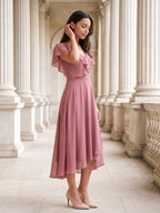 Rose Gold Chiffon A-Line V-Neck V-Back Asymmetrical Bridesmaid Dress with Ruffles - Curvevia