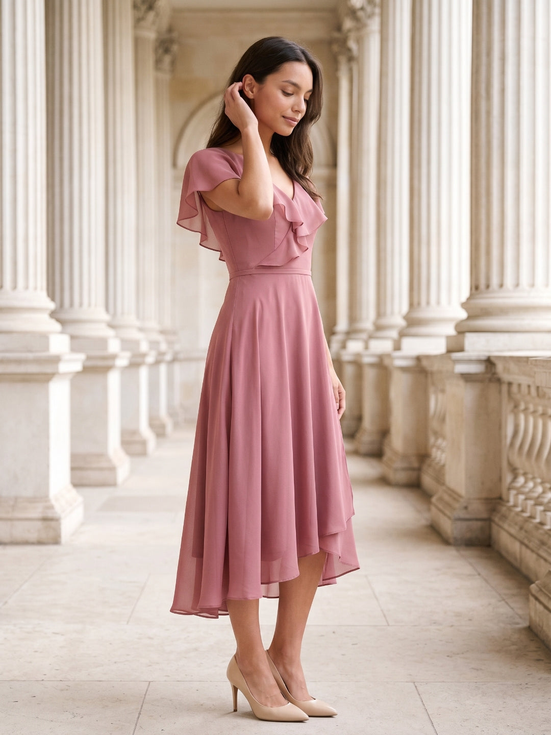 Rose Gold Chiffon A-Line V-Neck V-Back Asymmetrical Bridesmaid Dress with Ruffles - Curvevia