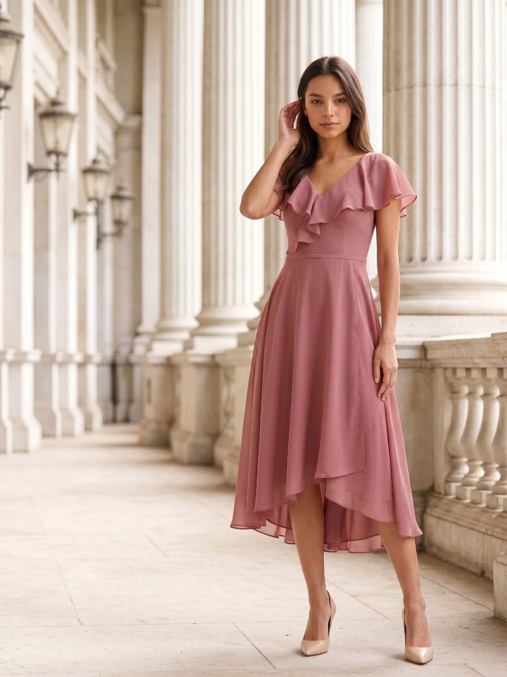 Rose Gold Chiffon A-Line V-Neck V-Back Asymmetrical Bridesmaid Dress with Ruffles - Curvevia
