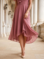 Rose Gold Chiffon A-Line V-Neck V-Back Asymmetrical Bridesmaid Dress with Ruffles - Curvevia