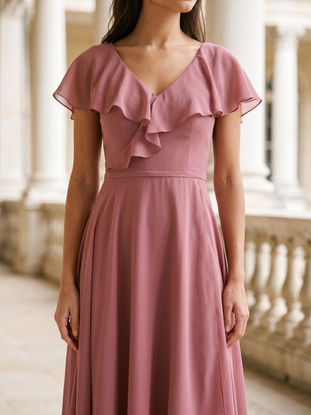 Rose Gold Chiffon A-Line V-Neck V-Back Asymmetrical Bridesmaid Dress with Ruffles - Curvevia