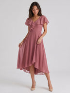 Rose Gold Chiffon A-Line V-Neck V-Back Asymmetrical Bridesmaid Dress with Ruffles - Curvevia