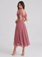 Rose Gold Chiffon A-Line V-Neck V-Back Asymmetrical Bridesmaid Dress with Ruffles - Curvevia