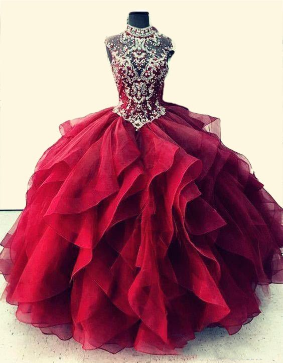 Royal Blue Organza High Neck Quinceanera Dresses Burgundy Prom Dresses - Curvevia