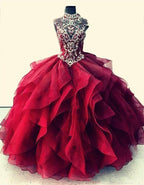 Royal Blue Organza High Neck Quinceanera Dresses Burgundy Prom Dresses - Curvevia